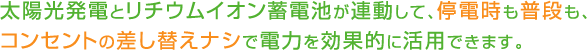 太陽光発電とリチウムイオン蓄電池が連動して、停電時も普段も、コンセントの差し替えナシで電力を効果的に活用できます。